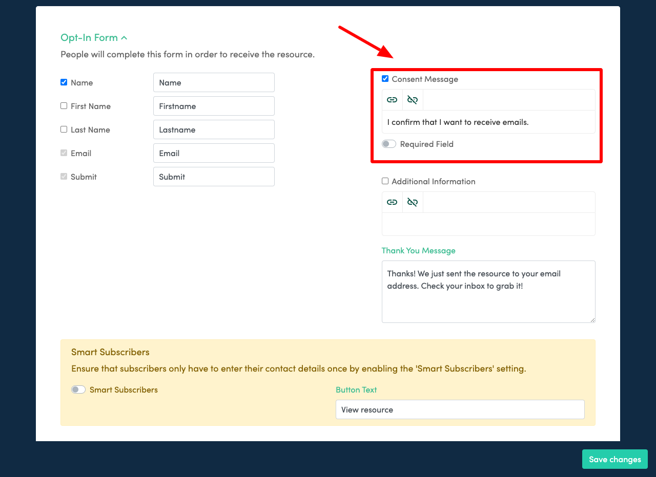 Screenshot of the 'opt-in form' settings with the 'consent message' highlighted