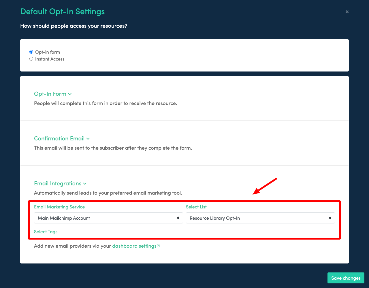 Screenshot of the 'email integrations' settings with the 'email marketing service provider' highlighted